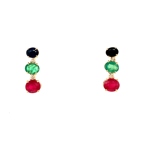 Aretes con zafiro, esmeralda y rubí en oro amarillo 14kt.