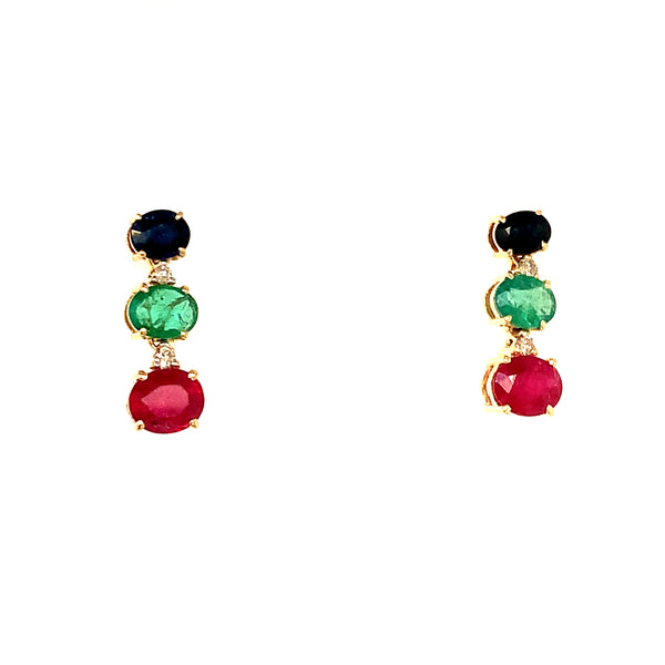 Aretes con zafiro, esmeralda y rubí en oro amarillo 14kt.