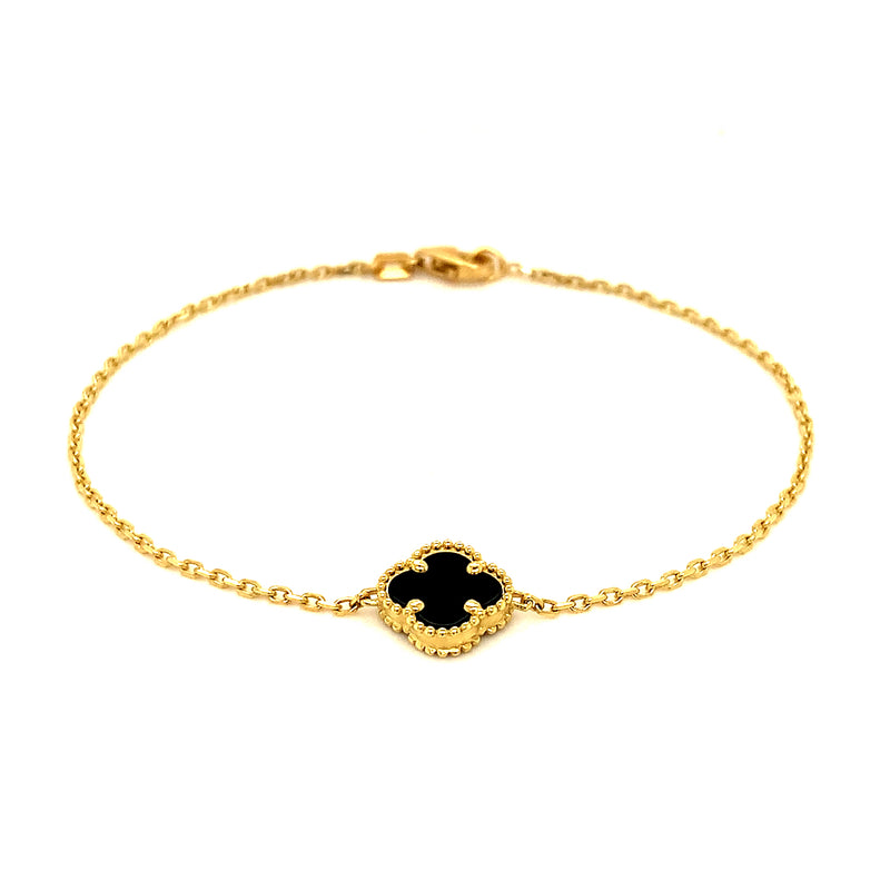 Pulsera (trébol negro onix) en oro amarillo 10kt. 18CM