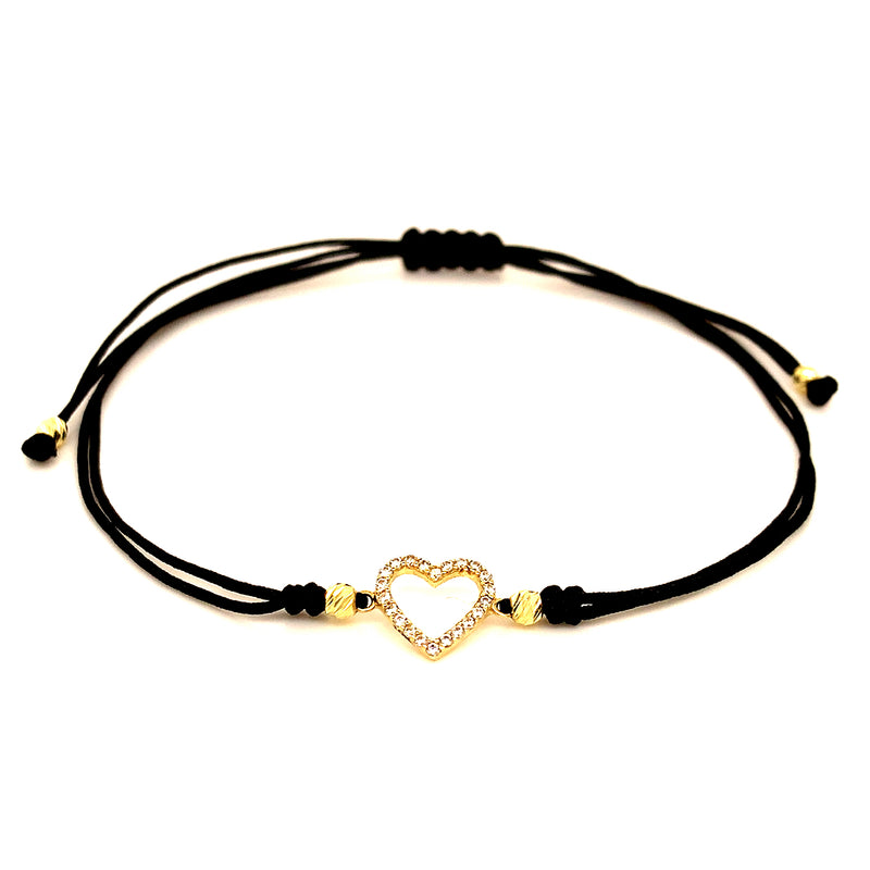 Pulsera (corazón) con circones en oro amarillo 10k e hilo negro ajustable