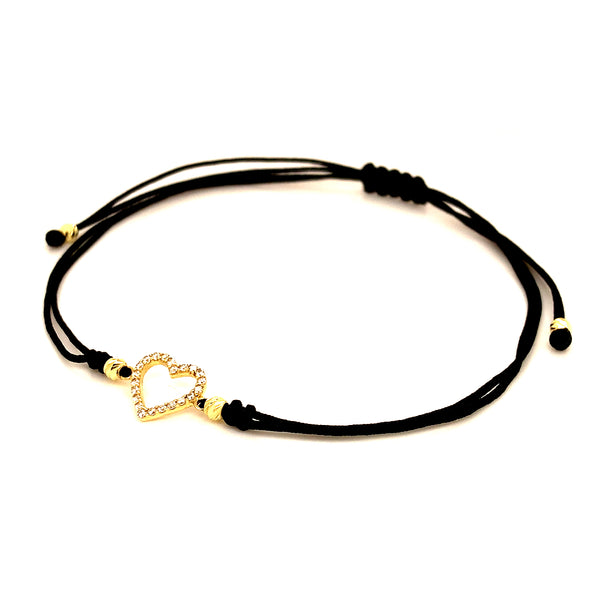 Pulsera (corazón) con circones en oro amarillo 10k e hilo negro ajustable
