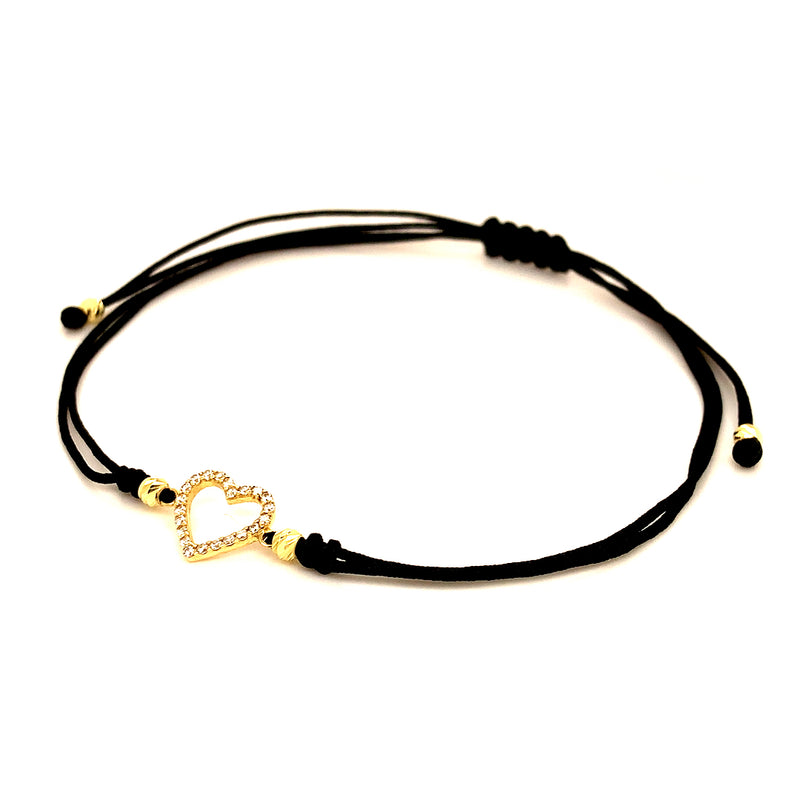 Pulsera (corazón) con circones en oro amarillo 10k e hilo negro ajustable
