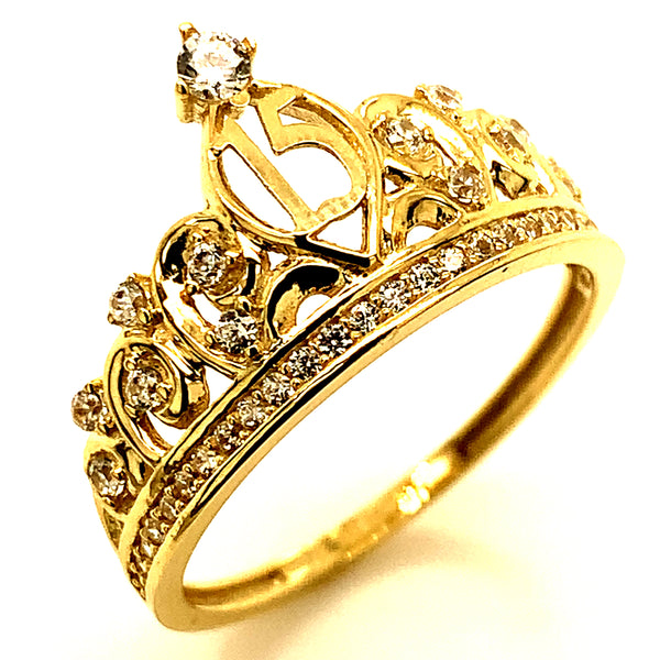 Anillo (corona con 15) con circones en oro amarillo 10k