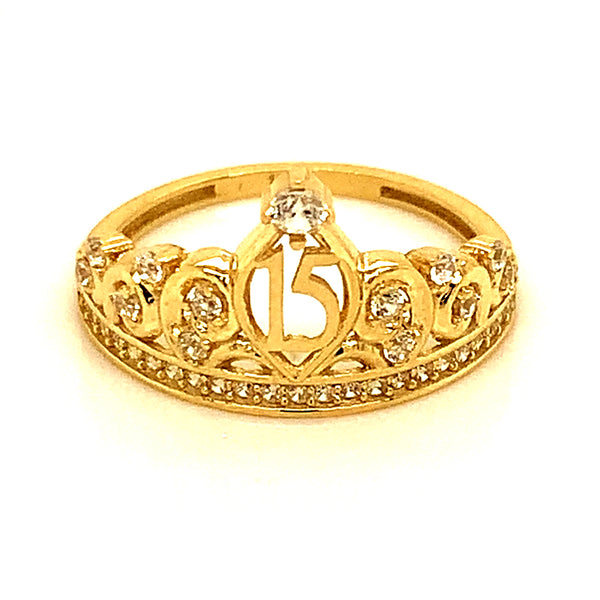 Anillo (corona con 15) con circones en oro amarillo 10k