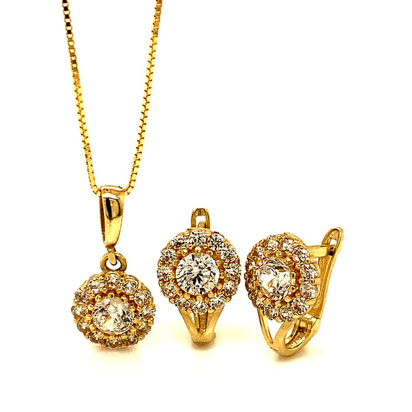 Juego de collar y aretes con circones en oro amarillo 10k.
