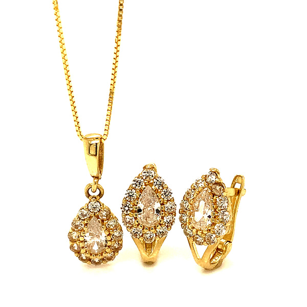 Juego de collar y aretes con circones en oro amarillo 10k.