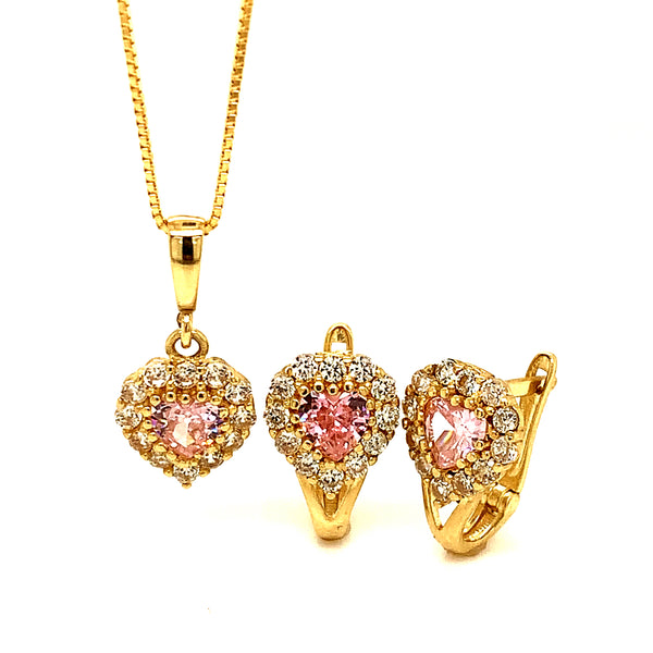 Juego de collar y aretes con circones en oro amarillo 10k.