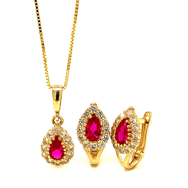 Juego de collar y aretes con circones en oro amarillo 10k.