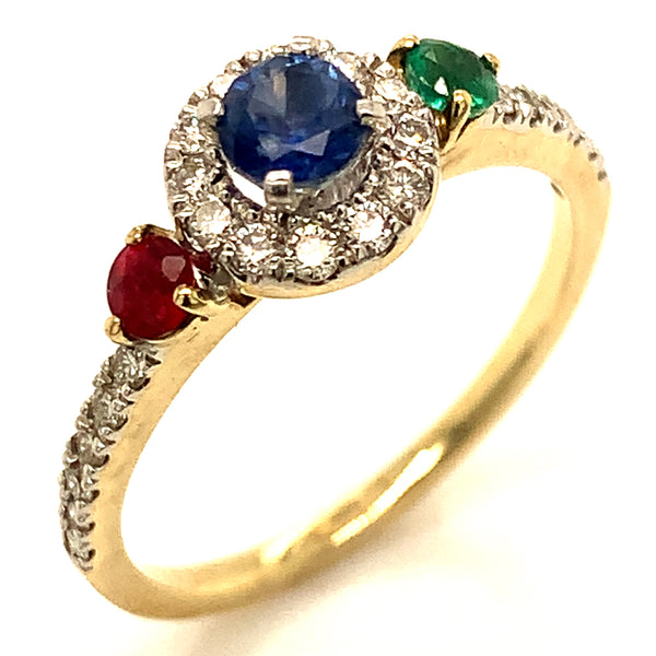 (SOFIA) Anillo (esmeralda, rubí y zafiro) con diamantes en oro amarillo 10k