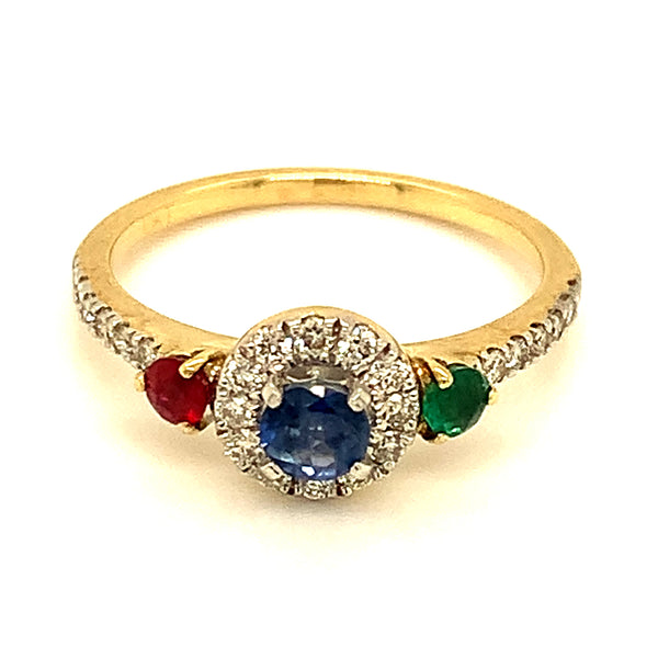 (SOFIA) Anillo (esmeralda, rubí y zafiro) con diamantes en oro amarillo 10k