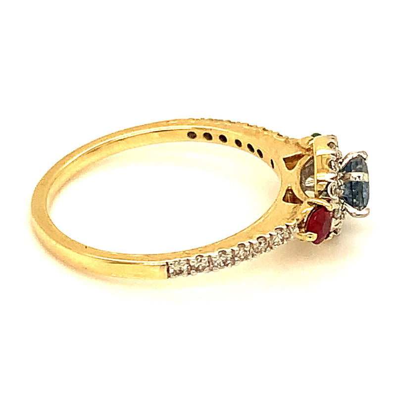 (SOFIA) Anillo (esmeralda, rubí y zafiro) con diamantes en oro amarillo 10k