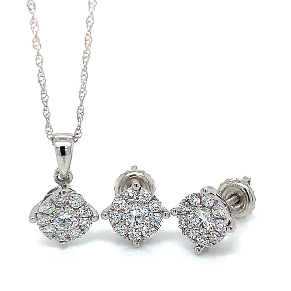 (LD) Juego de collar y aretes con diamantes de laboratorio en oro blanco 10k.