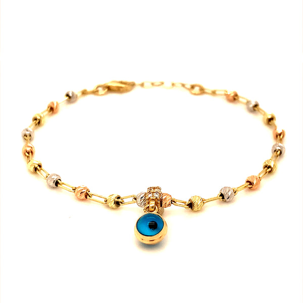 Pulsera (ojo turco) en oro 3 Tonos 10k. 15cm/18cm