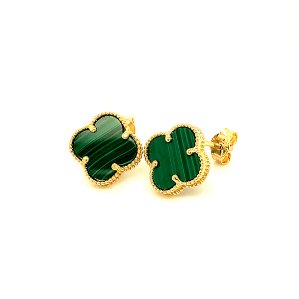 Aretes (trébol verde malaquita) en oro amarillo 10kt.