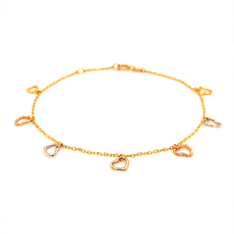 Pulsera (corazones) en oro tres tonos 18k. 17/18cm