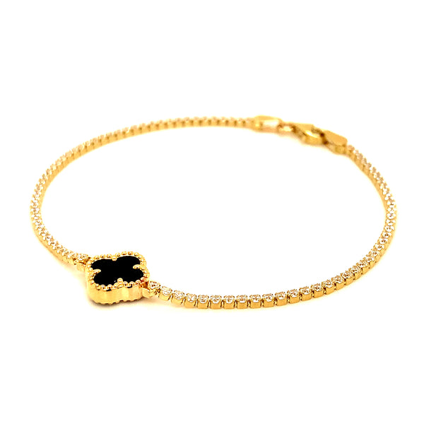 Pulsera (trébol negro onix) con circones en oro amarillo 10kt. 19CM