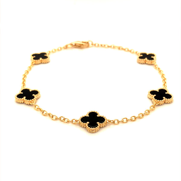 Pulsera de trébol cuarzo onix con baño amarillo en plata 925