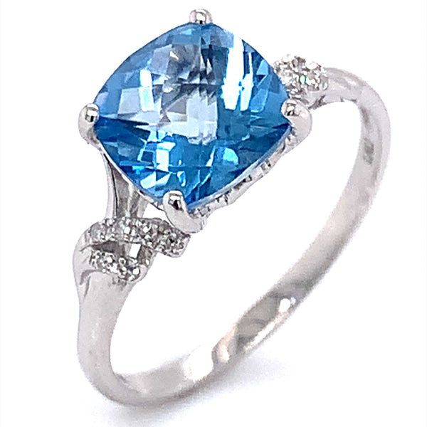 Anillo de topacio azul con diamantes en oro blanco 14k