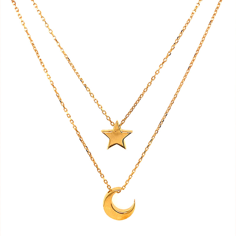 Collar (doble) de luna y estrella en oro amarillo 10kt. 42cm/45cm