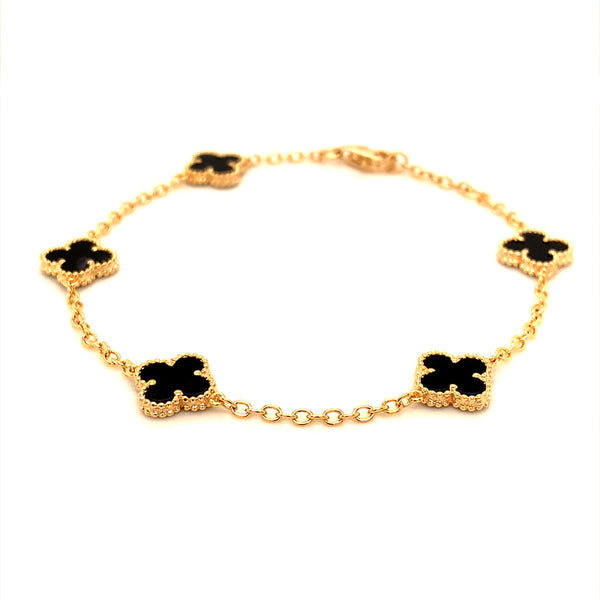 Pulsera de trébol cuarzo onix con baño amarillo en plata 925