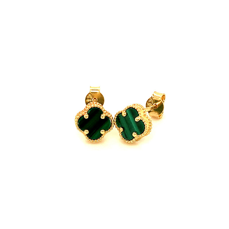 Aretes (trébol verde malaquita) en oro amarillo 10kt.