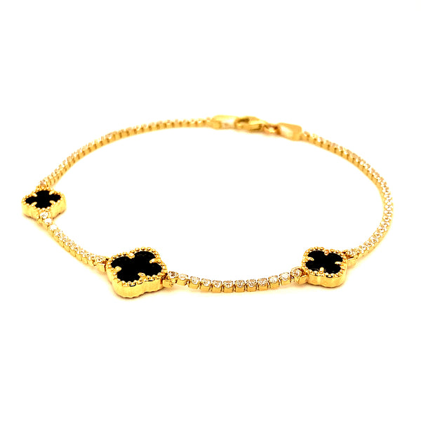 Pulsera (trébol negro onix) con circones en oro amarillo 10kt. 19CM