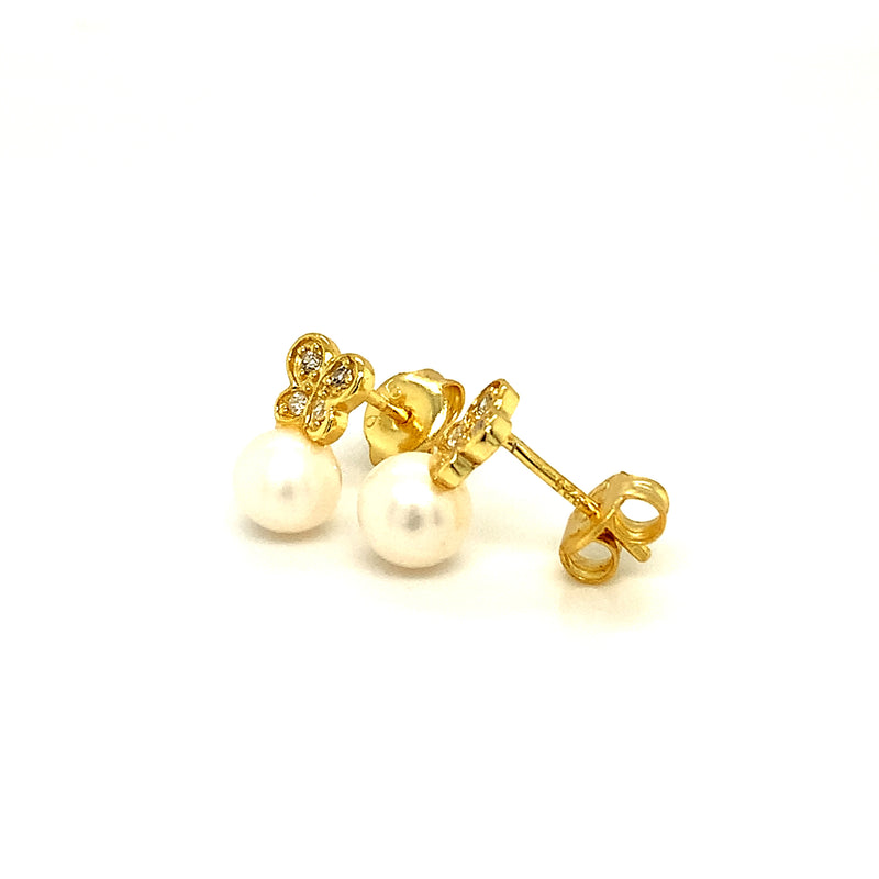 Aretes (mariposa) de perlas con circones en plata 925 bañada en oro amarillo