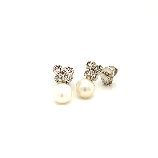(SWAN) Aretes (mariposa) de perlas con circones en plata 925