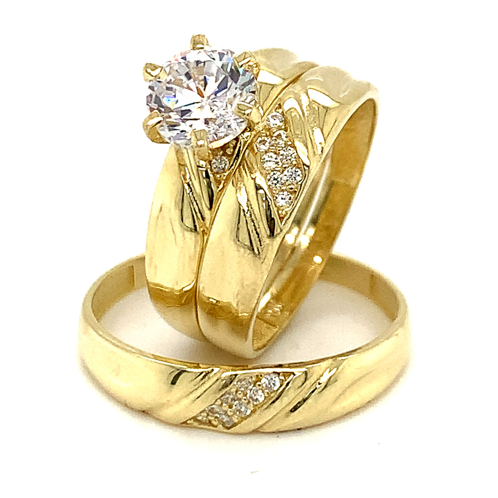 Tr o de anillos de matrimonio con circones en oro amarillo 10k