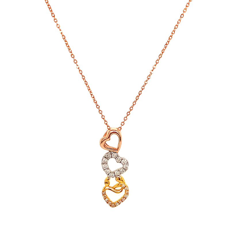 Collar (corazónes) con diamantes en oro tres tonos 10kt. 45cm