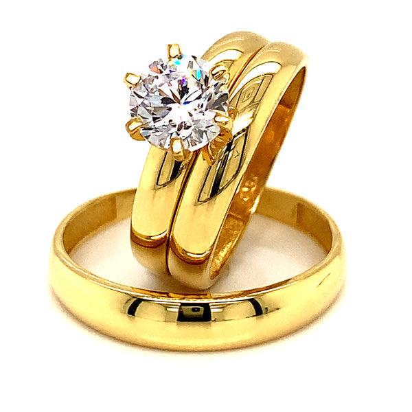 Trío de anillos de matrimonio con circones en oro amarillo 18kt.