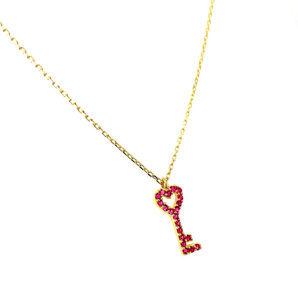 Collar (llave) con circones rojos en oro amarillo 10k. 45cm