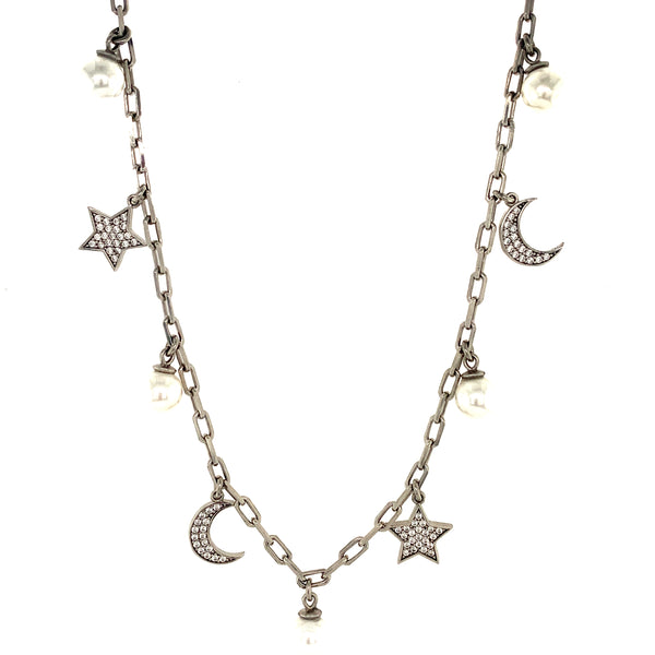 (SWAN) Collar de perla (estrella y luna) en plata 925. 36-41cm  ANTES:  $135.00