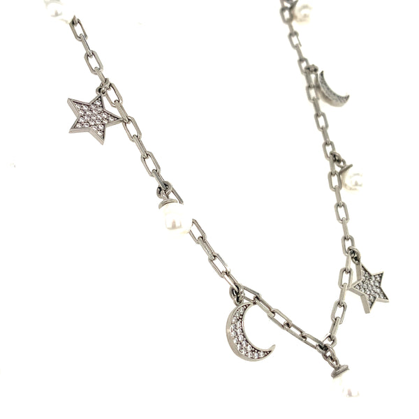 (SWAN) Collar de perla (estrella y luna) en plata 925. 36-41cm  ANTES:  $135.00