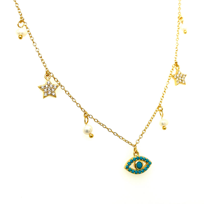 (SWAN) Collar de perla (ojo turco) en plata 925 en baño de oro amarillo. 40-45cm