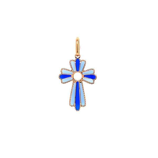Dije (cruz esmaltado azul) con circones en oro amarillo 18k