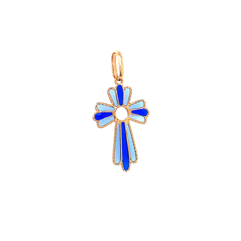 Dije (cruz esmaltado azul) con circones en oro amarillo 18k
