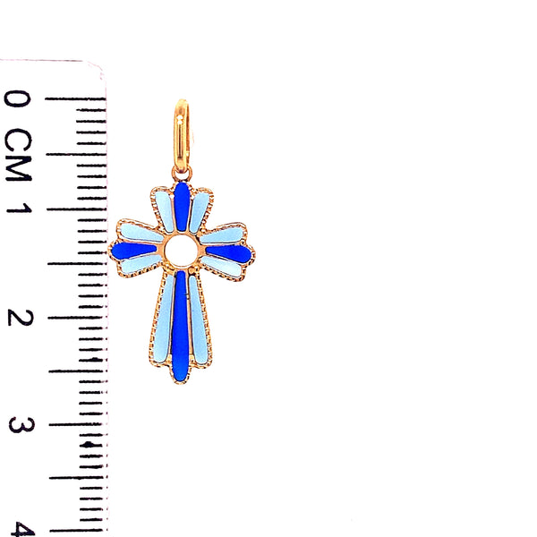 Dije (cruz esmaltado azul) con circones en oro amarillo 18k