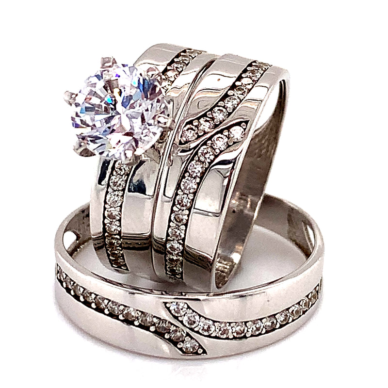 Trío de anillos de matrimonio con circones en oro blanco 18kt.