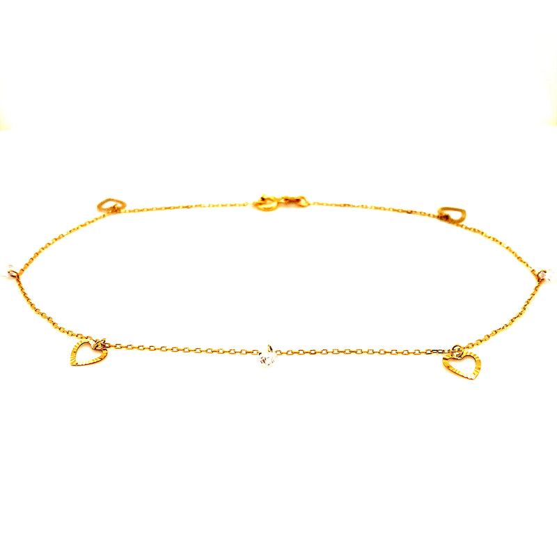Tobillera (corazones y corazones) en oro amarillo 18k