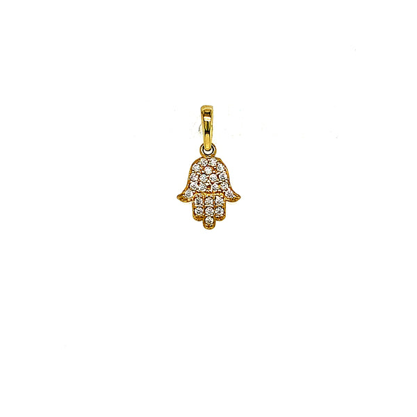 Dije (hamsa) con circones en oro amarillo 10kt.