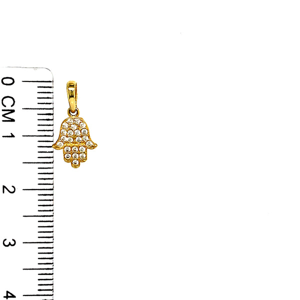 Dije (hamsa) con circones en oro amarillo 10kt.