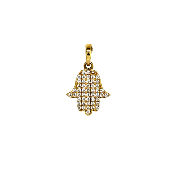 Dije (hamsa) con circones en oro amarillo 10kt.