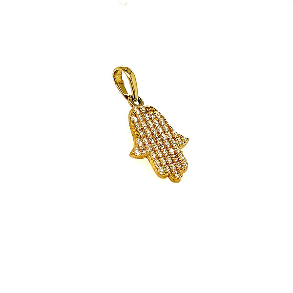 Dije (hamsa) con circones en oro amarillo 10kt.