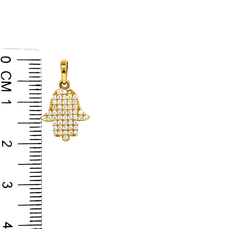 Dije (hamsa) con circones en oro amarillo 10kt.