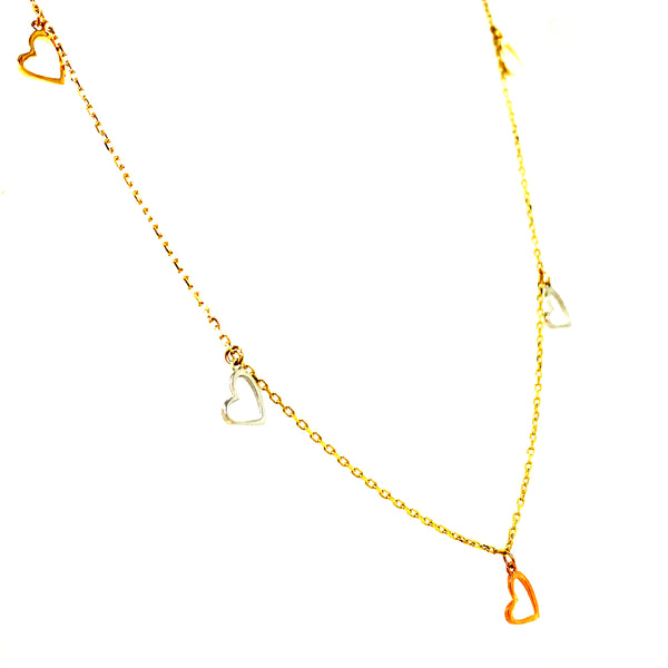 Collar (corazones) en oro tres tonos 10kt. 45cm