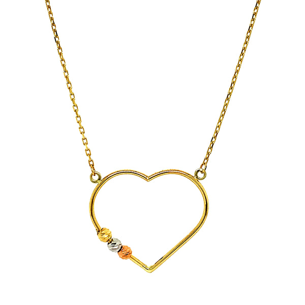 Collar de corazón con bolitas en oro tres tonos 10kt. 45cm
