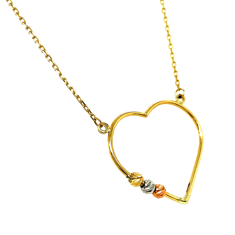 Collar de corazón con bolitas en oro tres tonos 10kt. 45cm