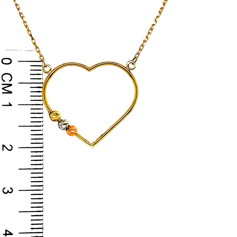 Collar de corazón con bolitas en oro tres tonos 10kt. 45cm