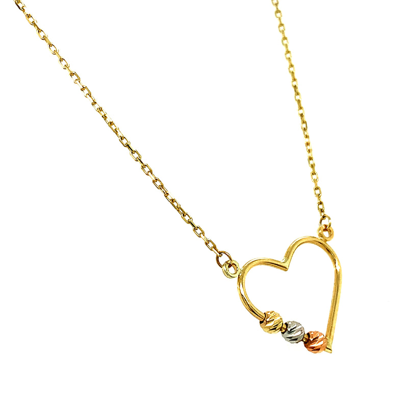 Collar de corazón con bolitas en oro tres tonos 10kt. 45cm